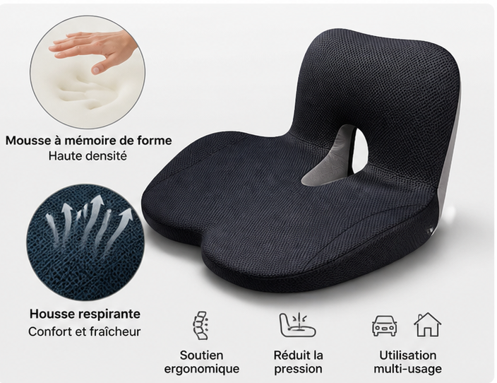 Coussin ergonomique mémoire de forme – Confort optimal en position assise